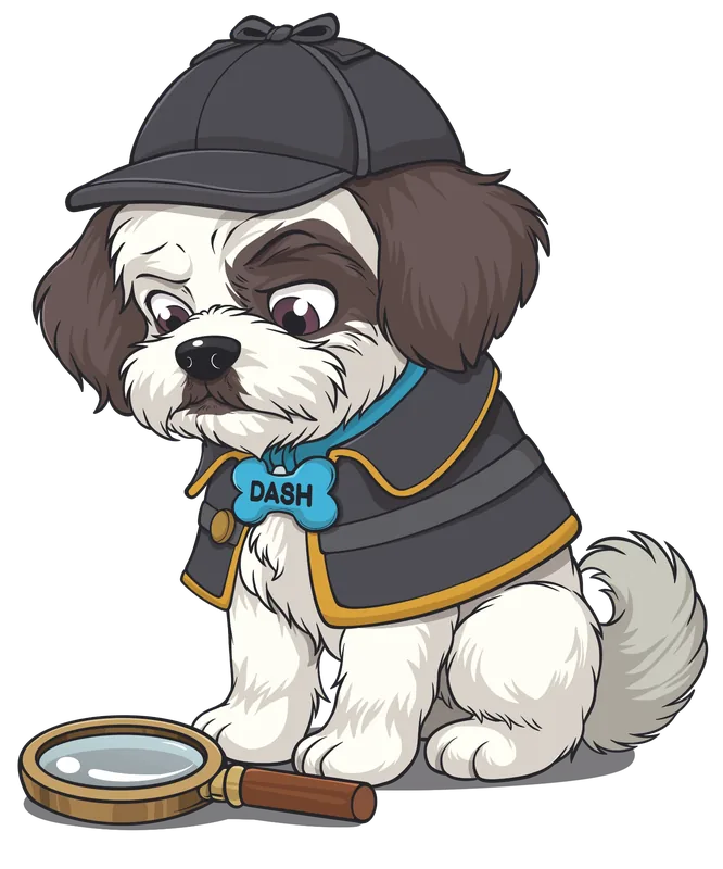 Cartoon illustration of a white dog with dark ears dressed as a detective — deerstalker hat, dark cape, and a magnifying glass.