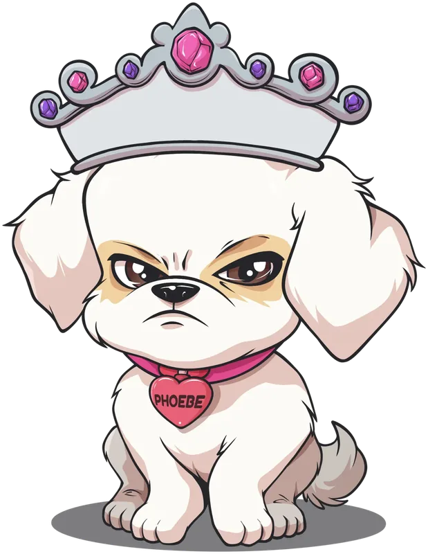 Cartoon illustration of a small white dog wearing a jeweled tiara and a pink collar with a heart-shaped tag, looking thoroughly unimpressed.