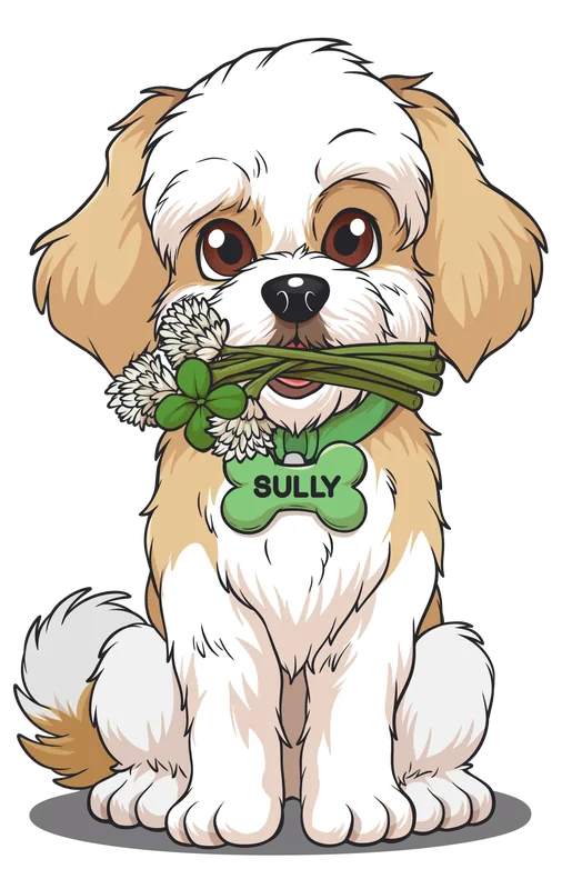 Cartoon illustration of a white-and-tan dog sitting with a bunch of white clovers in his mouth, wearing a green bone-shaped tag.